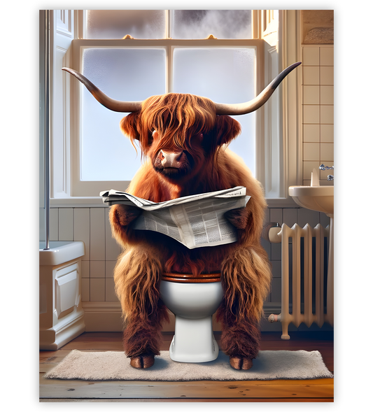 Poster, Wandbild von Hochland Kuh auf Toilette