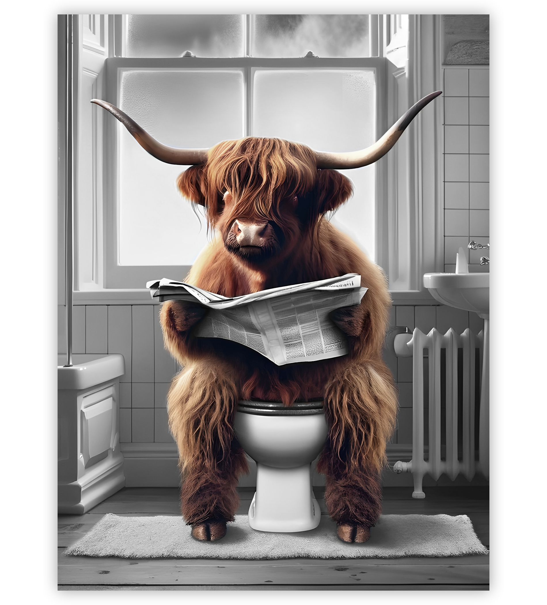 Poster, Wandbild von Hochland Kuh auf Toilette