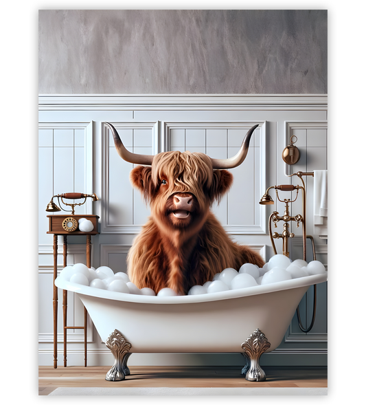 Poster, Wandbild von Hochland Kuh in Badewanne