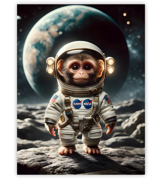 Poster, Wandbild von Schimpanse auf dem Mond