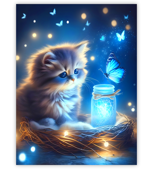 Poster, Wandbild von Niedliche Katze beobachtet Schmetterling