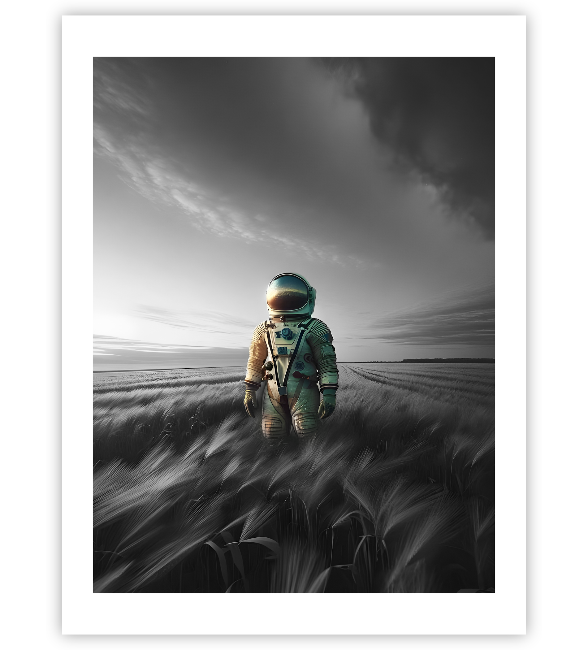 Poster, Wandbild von Astronaut steht auf Feld