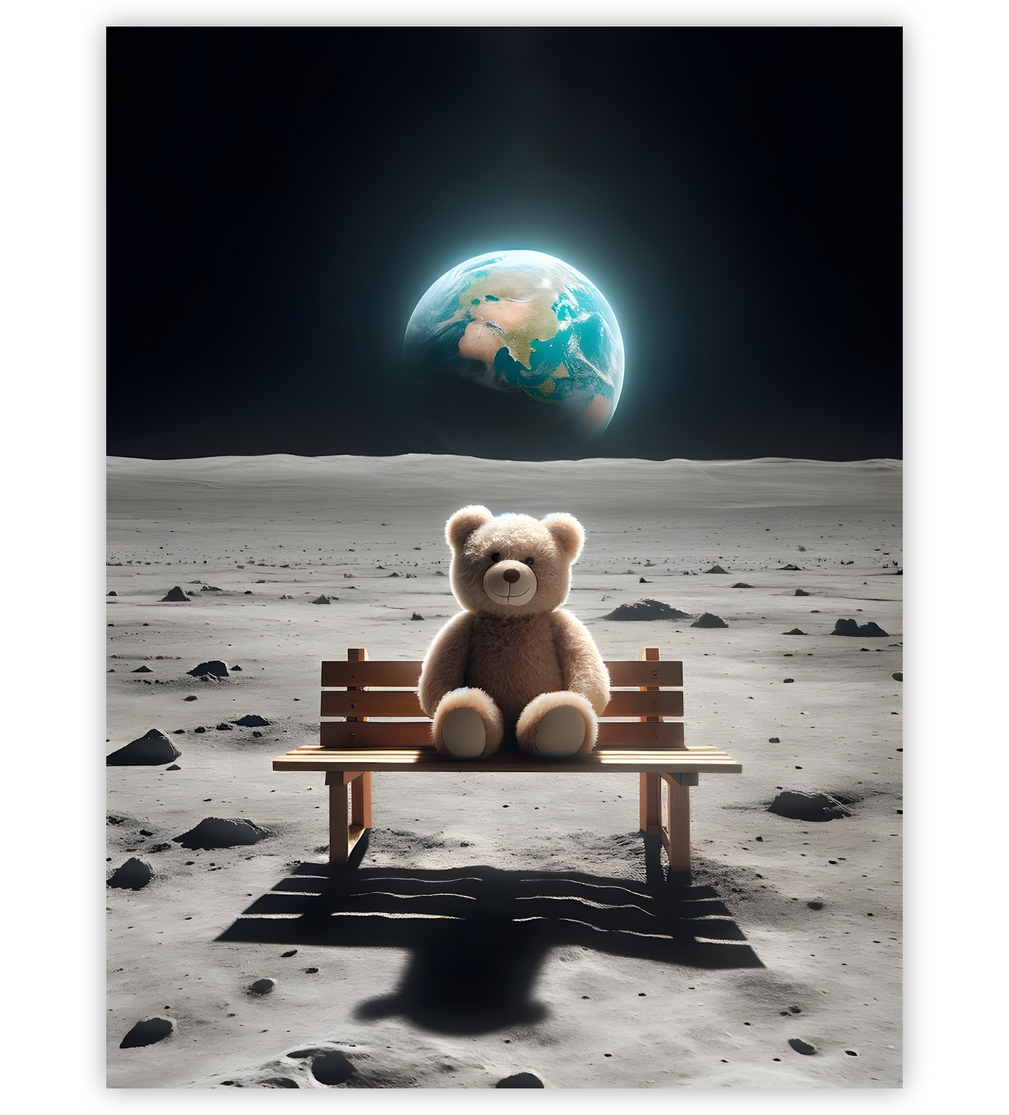 Poster, Wandbild von Teddybär sitzt auf dem Mond