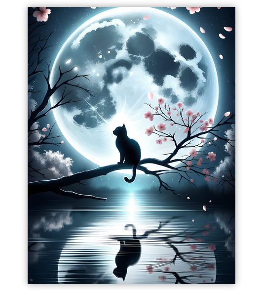 Poster, Wandbild von Katze sitzt auf Ast vor großem Mond