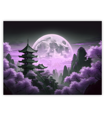 Poster, Wandbild von Japanische Landschaft mit Mond im Hintergrund