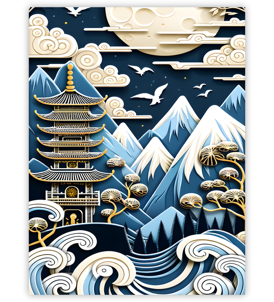 Poster, Wandbild von Japanische Landschaft Blau