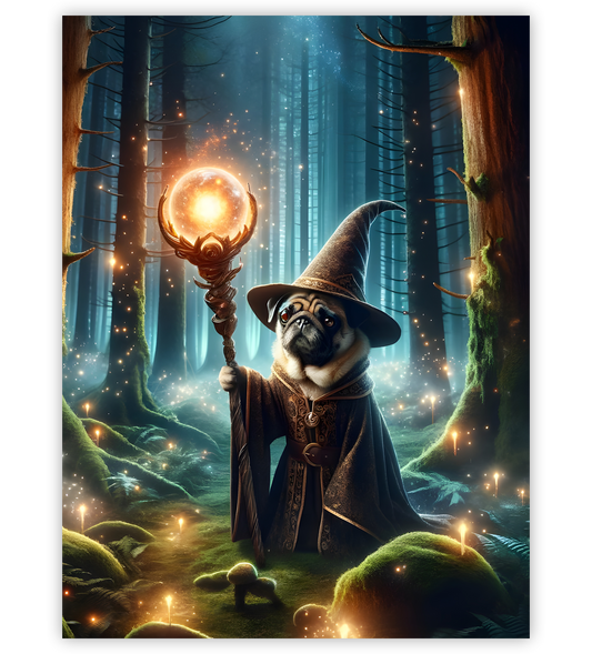Poster, Wandbild von Mops als Zauberer im Wald