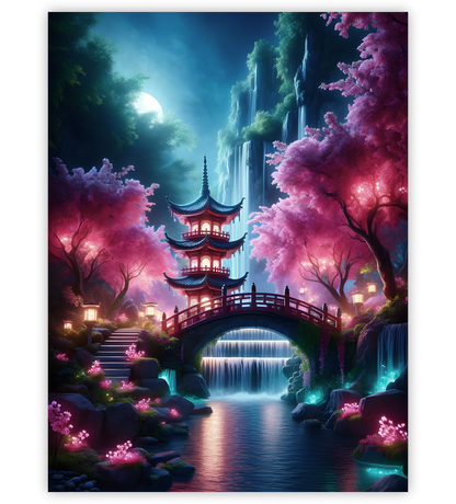 Poster, Wandbild von Japanische Brücke bei Nacht