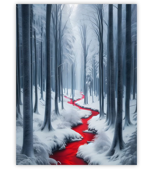 Verschneiter Wald mit rotem Bach