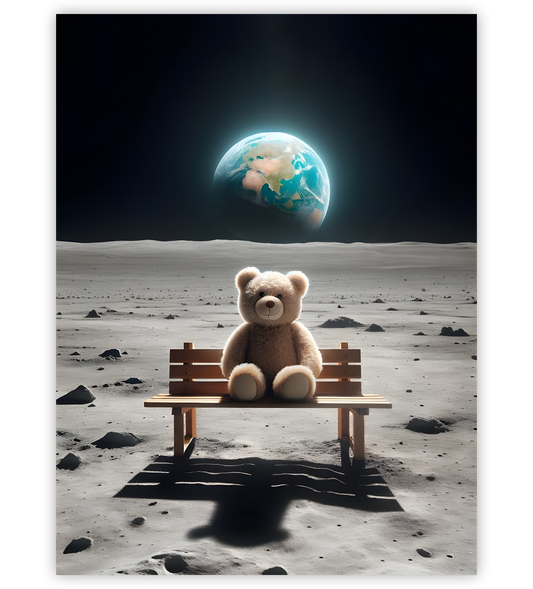 Poster, Wandbild von Teddybär sitzt auf dem Mond
