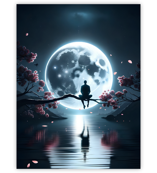 Poster, Wandbild von Mann sitzt auf Ast vor großem Mond