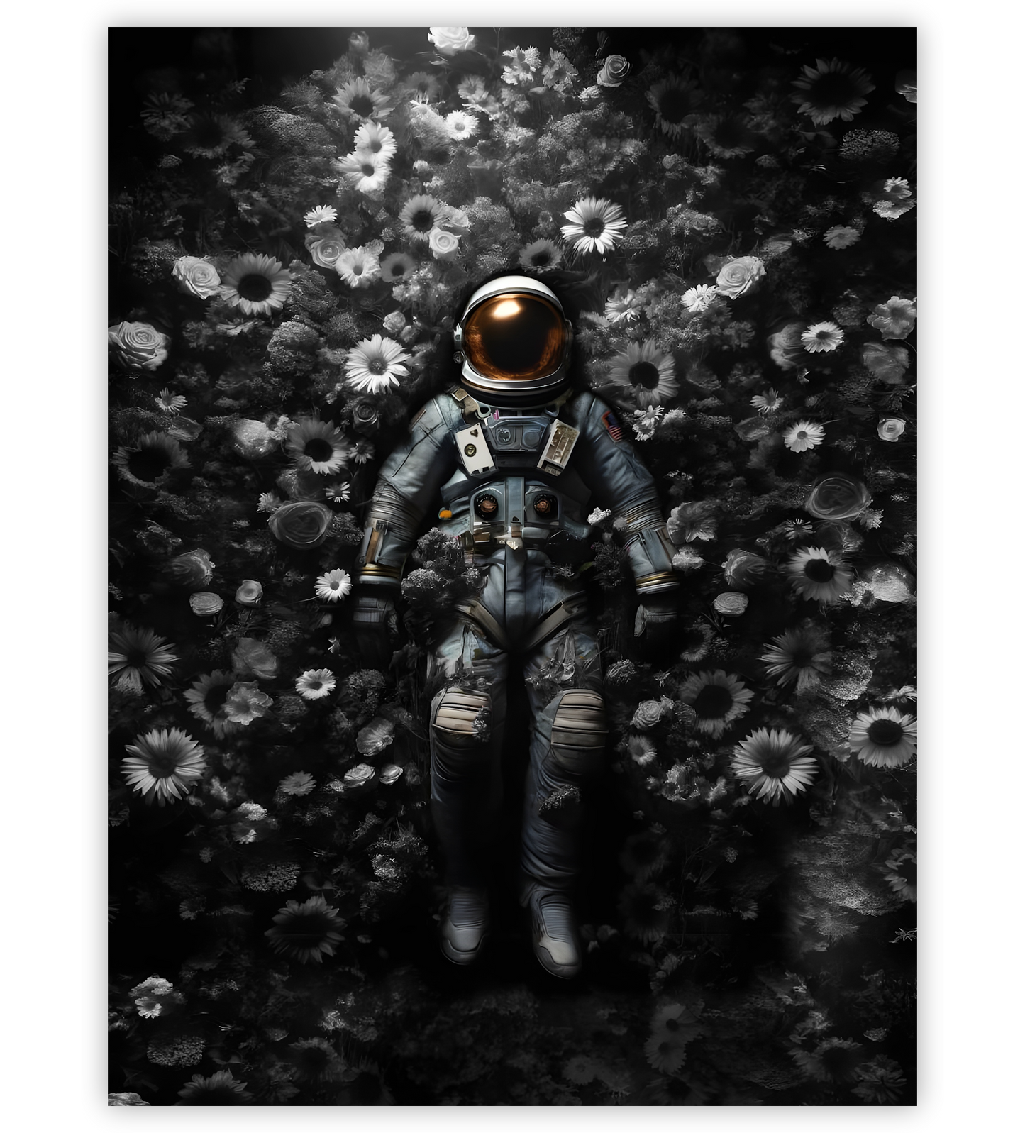 Poster, Wandbild von Astronaut liegt auf Blumenwiese
